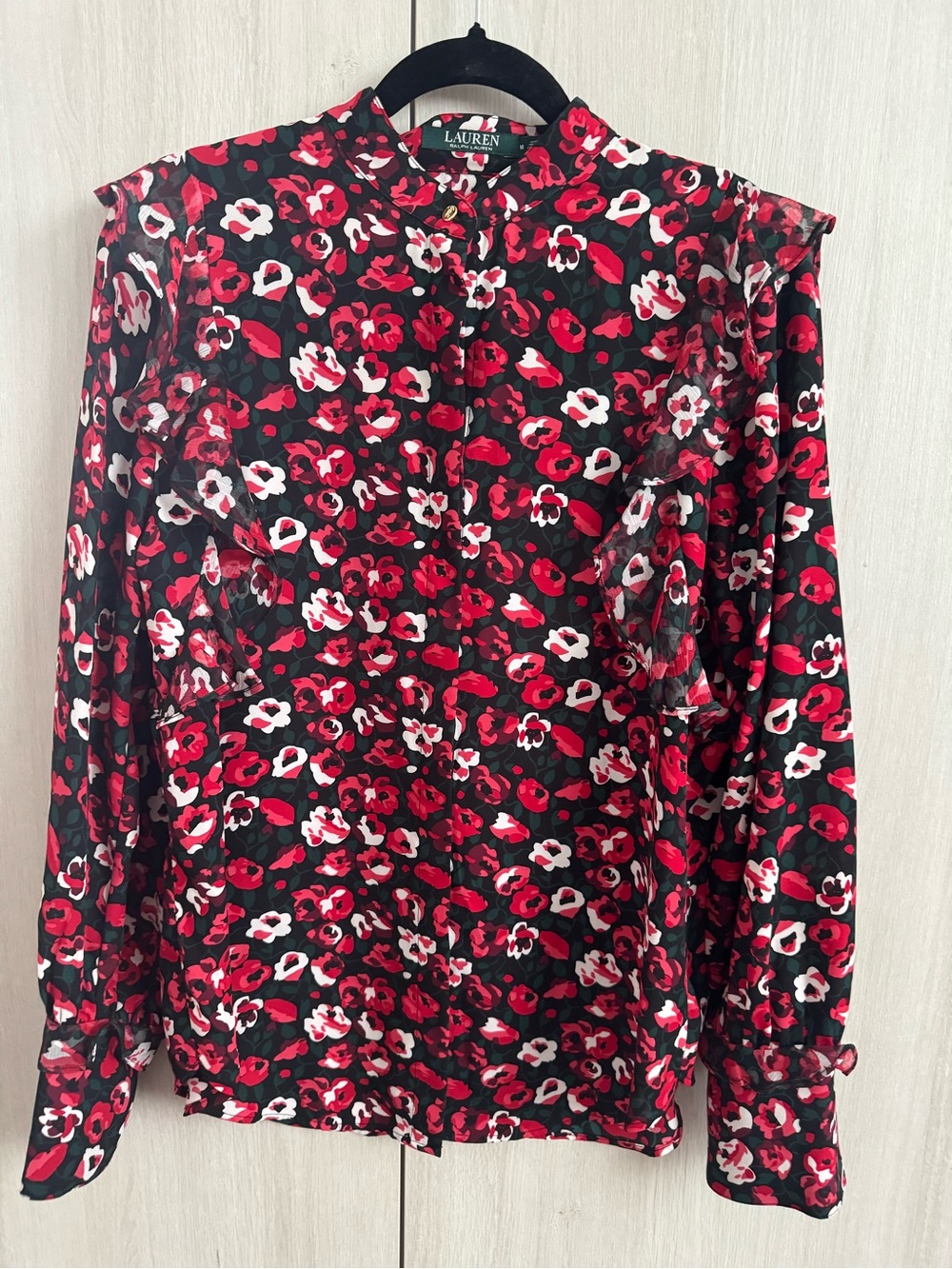 Ralph Lauren Red, White & Black Floral Long-Sleeve Blouse Sz M with gold buttons